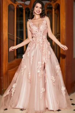 A-Line Espaghetti Correias Blush Long Prom Dress com Apliques