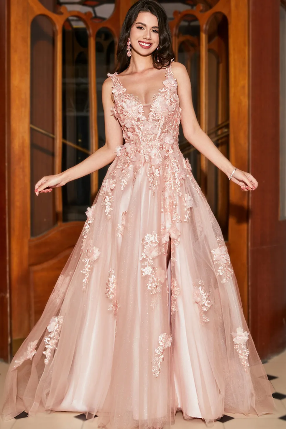 A-Line Espaghetti Correias Blush Long Prom Dress com Apliques