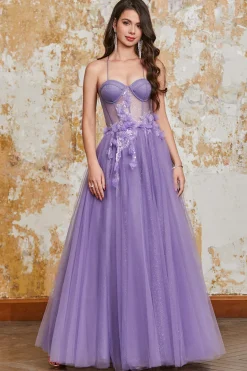 A-Line Espaghetti Correias Purple Corset Prom Dress com flores 3D