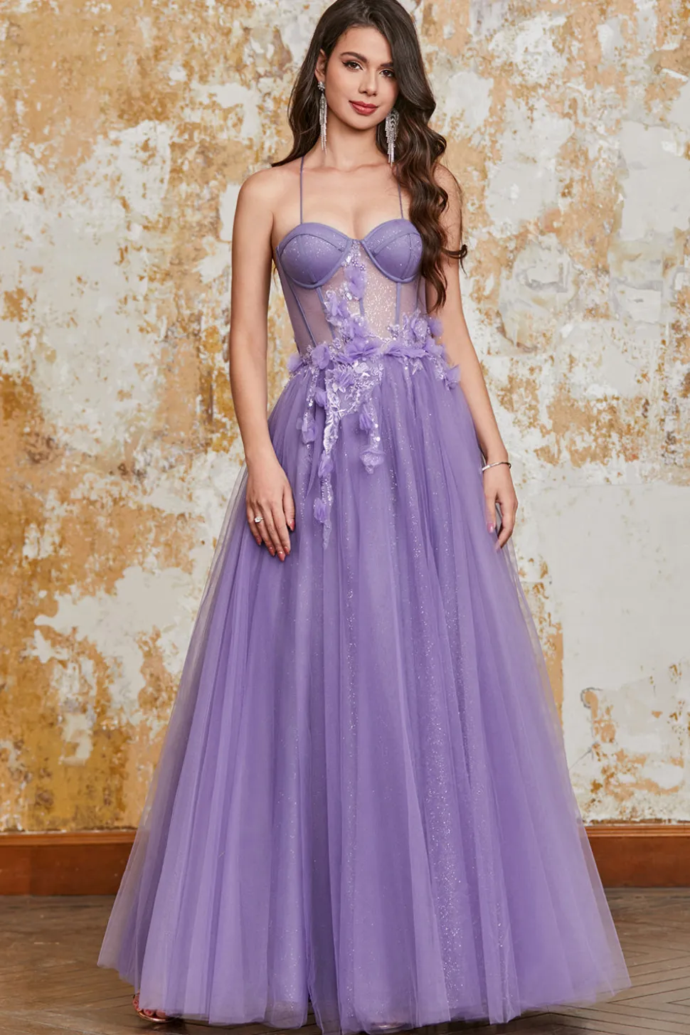 A-Line Espaghetti Correias Purple Corset Prom Dress com flores 3D