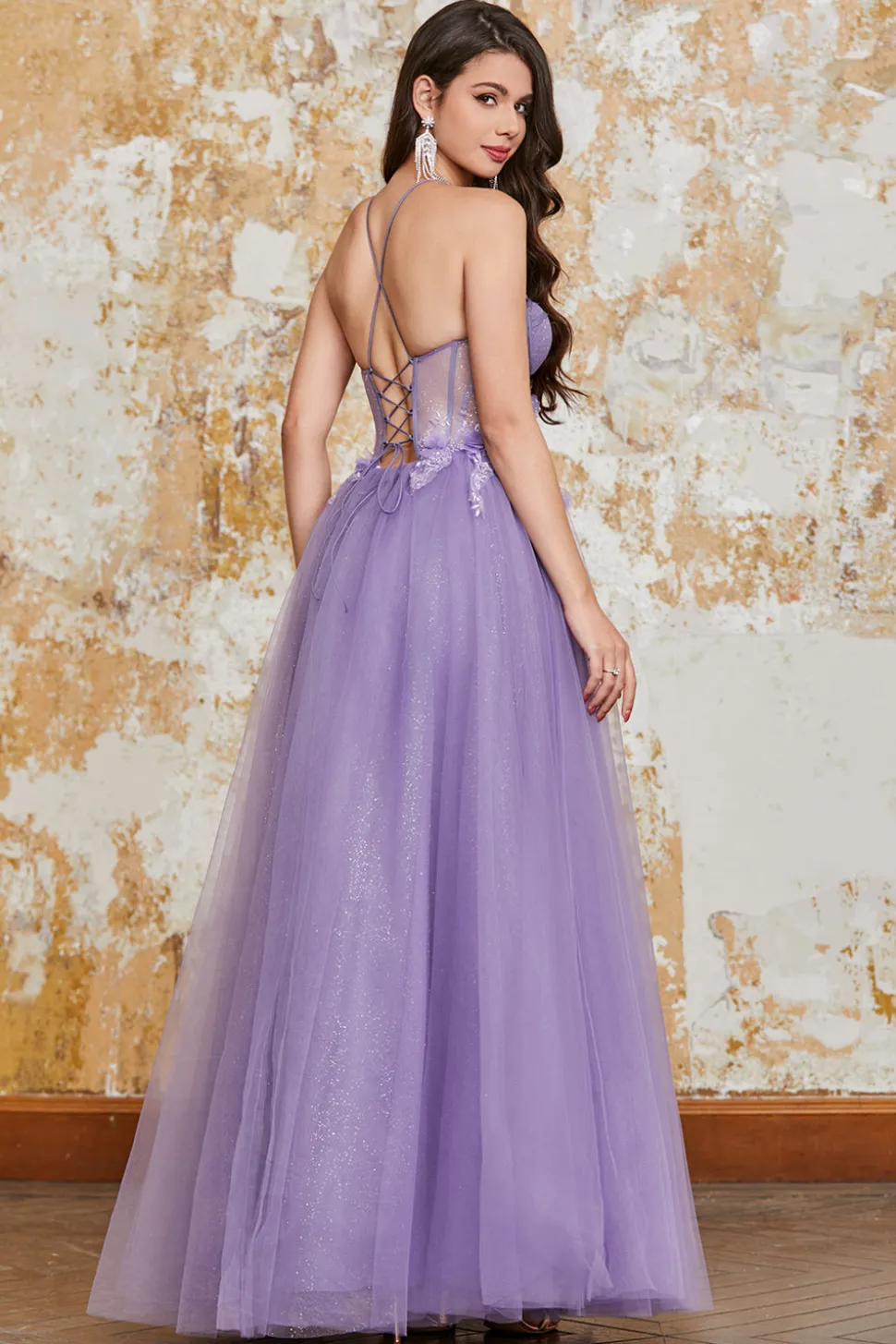 A-Line Espaghetti Correias Purple Corset Prom Dress com flores 3D