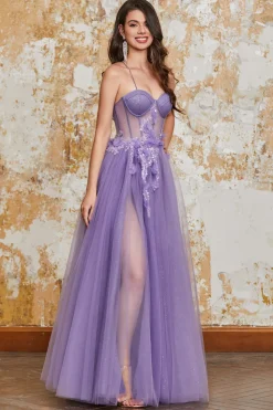 A-Line Espaghetti Correias Purple Corset Prom Dress com flores 3D