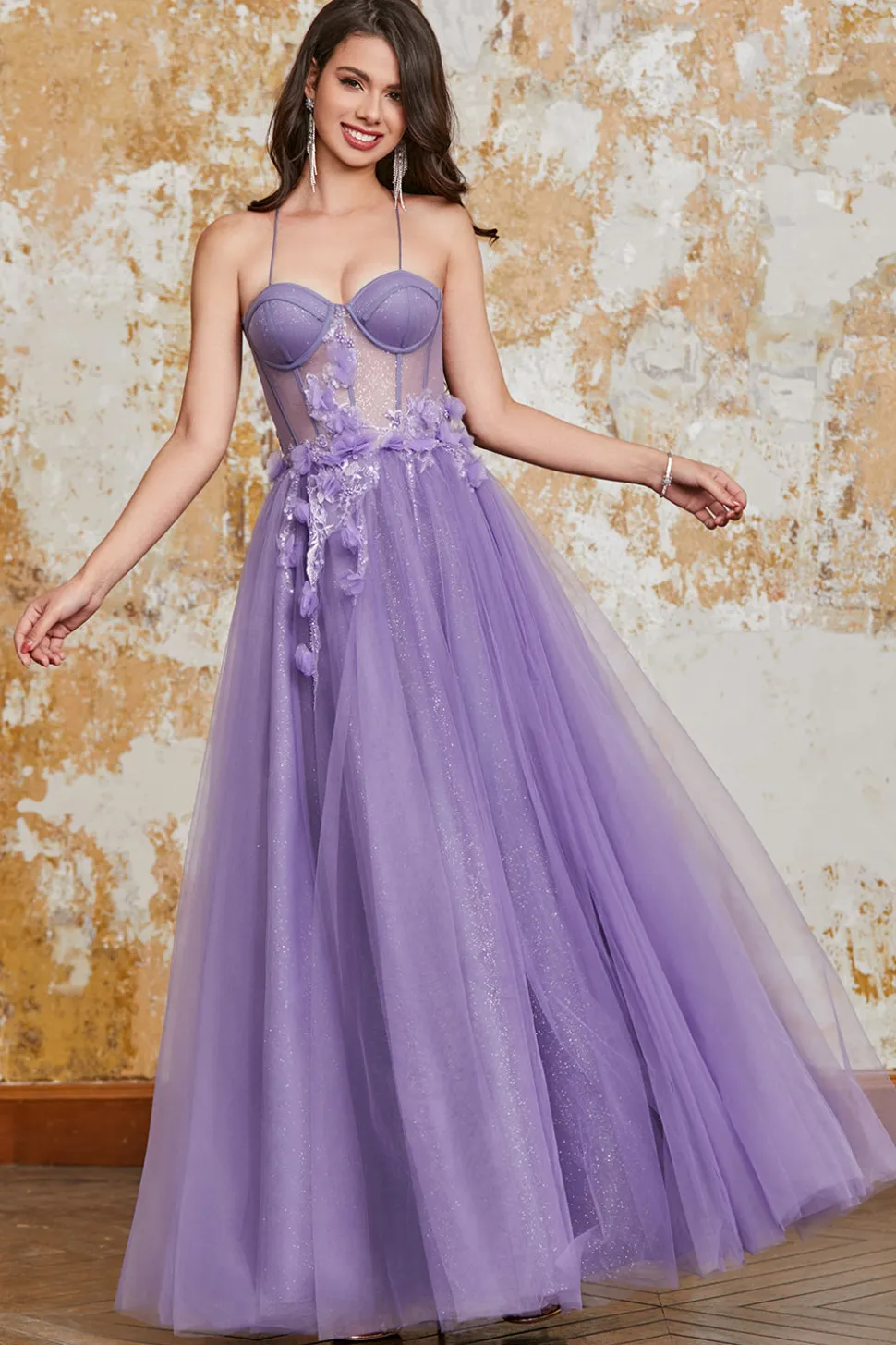 A-Line Espaghetti Correias Purple Corset Prom Dress com flores 3D