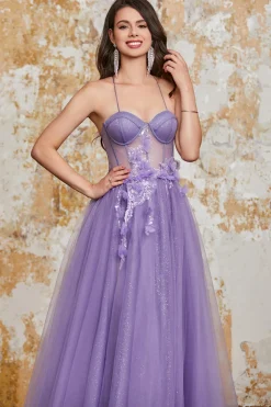 A-Line Espaghetti Correias Purple Corset Prom Dress com flores 3D