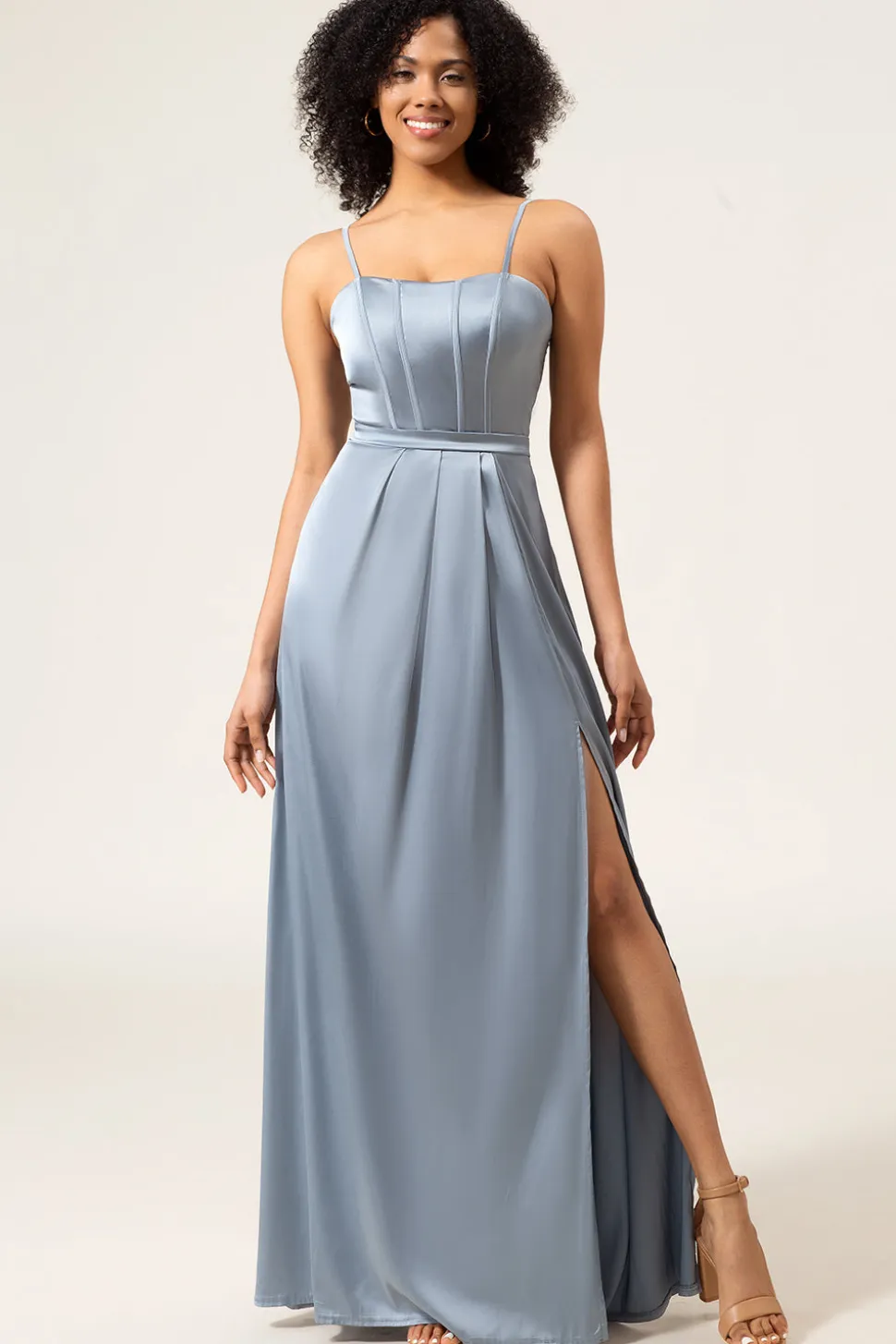 A-Line Espaghetti Correias Dusty Blue Satin Long Bridesmaid Dress