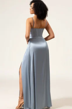 A-Line Espaghetti Correias Dusty Blue Satin Long Bridesmaid Dress