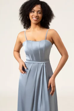 A-Line Espaghetti Correias Dusty Blue Satin Long Bridesmaid Dress