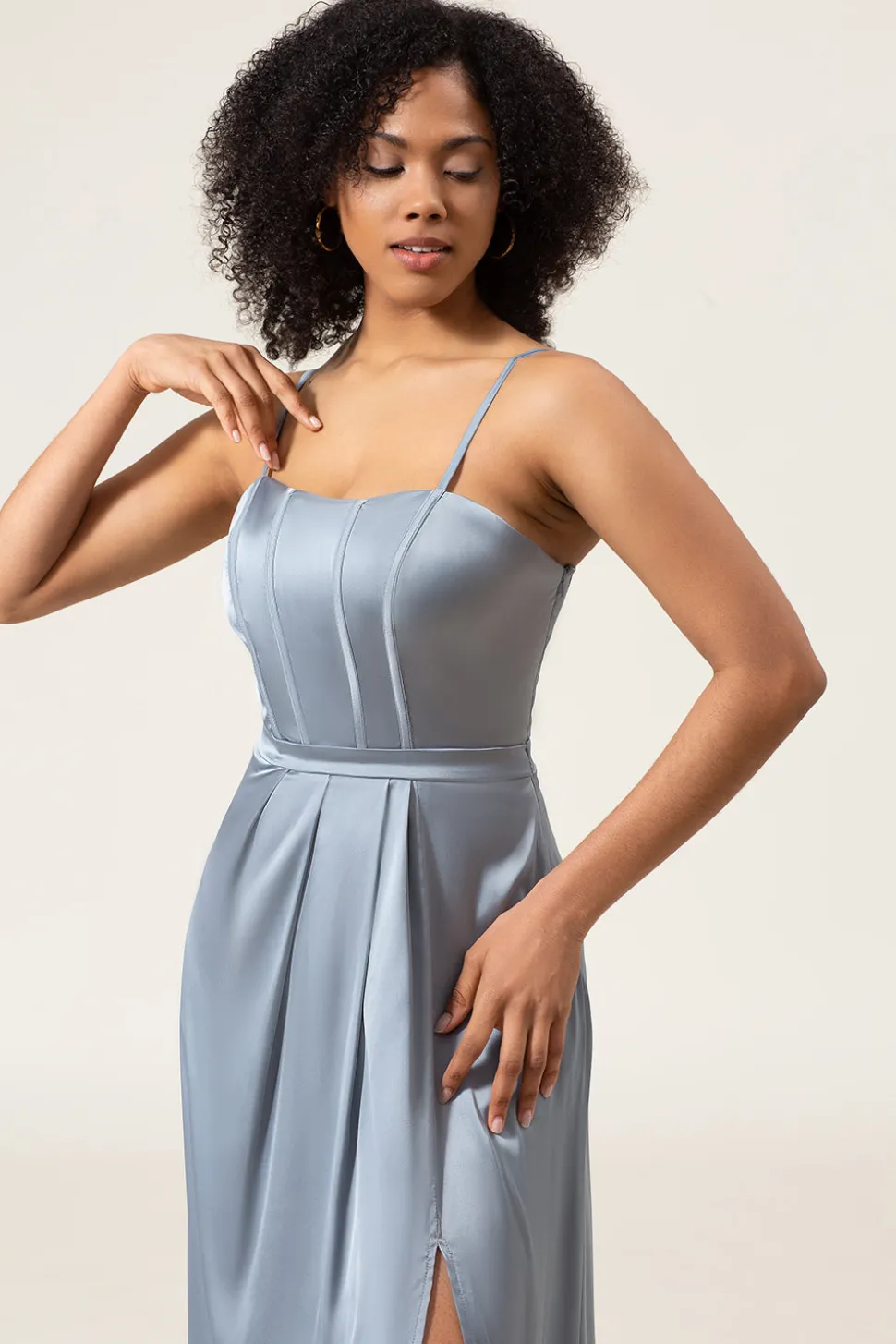 A-Line Espaghetti Correias Dusty Blue Satin Long Bridesmaid Dress