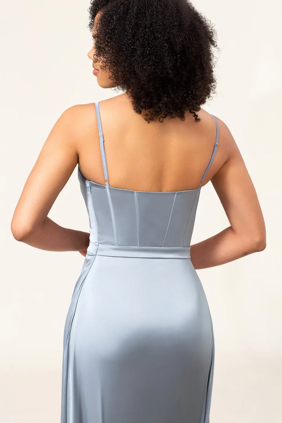 A-Line Espaghetti Correias Dusty Blue Satin Long Bridesmaid Dress