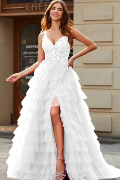A-Line Espaghetti Correias Vestido de Noiva Branco Tiered com Fenda