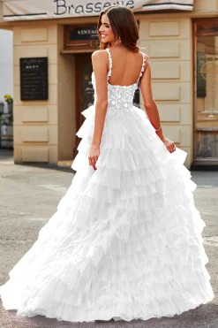 A-Line Espaghetti Correias Vestido de Noiva Branco Tiered com Fenda