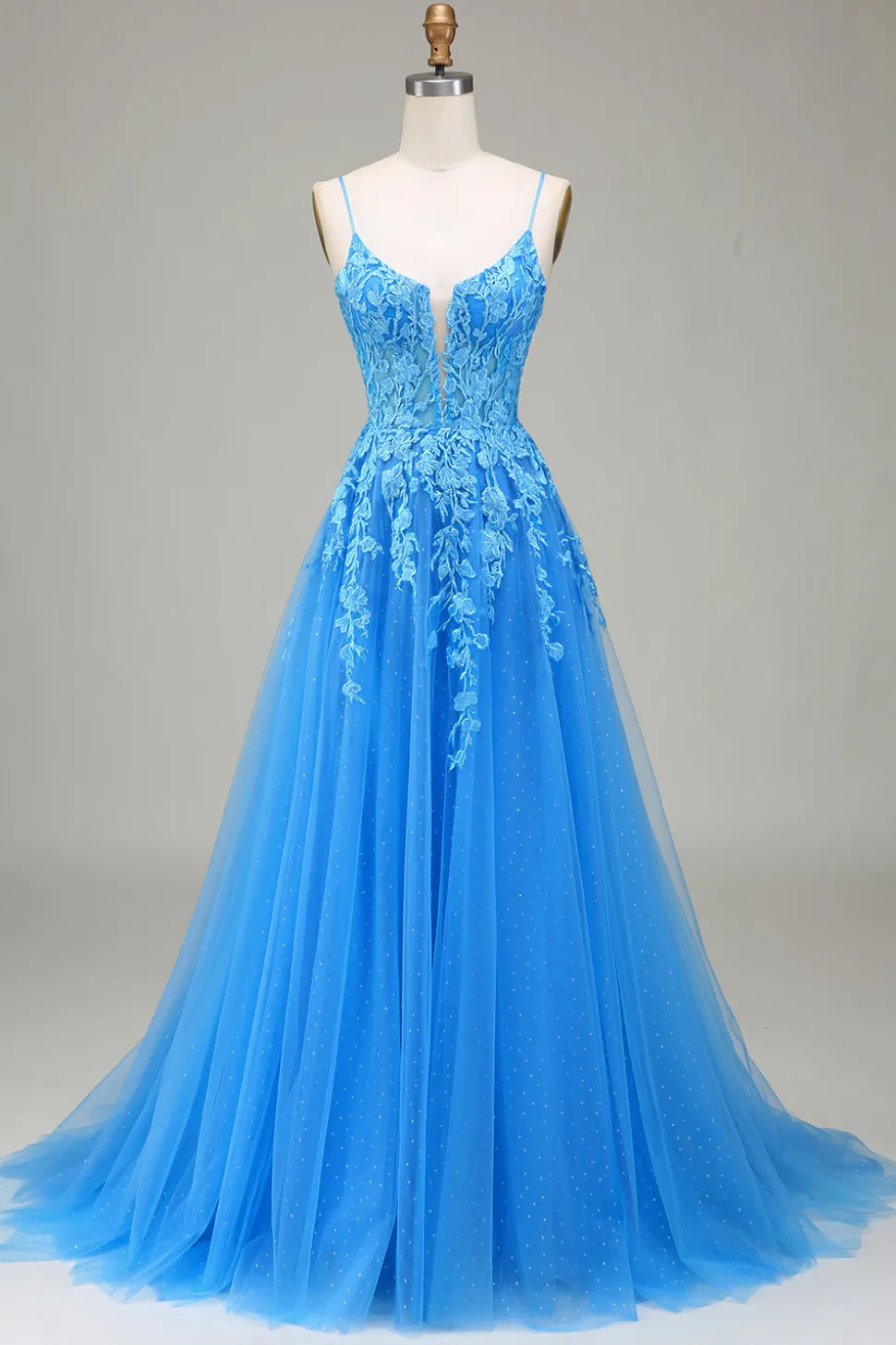 A-Line espaguete alças azul tule vestido de baile com apliques