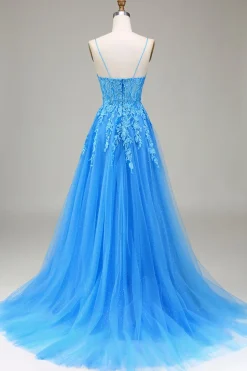 A-Line espaguete alças azul tule vestido de baile com apliques