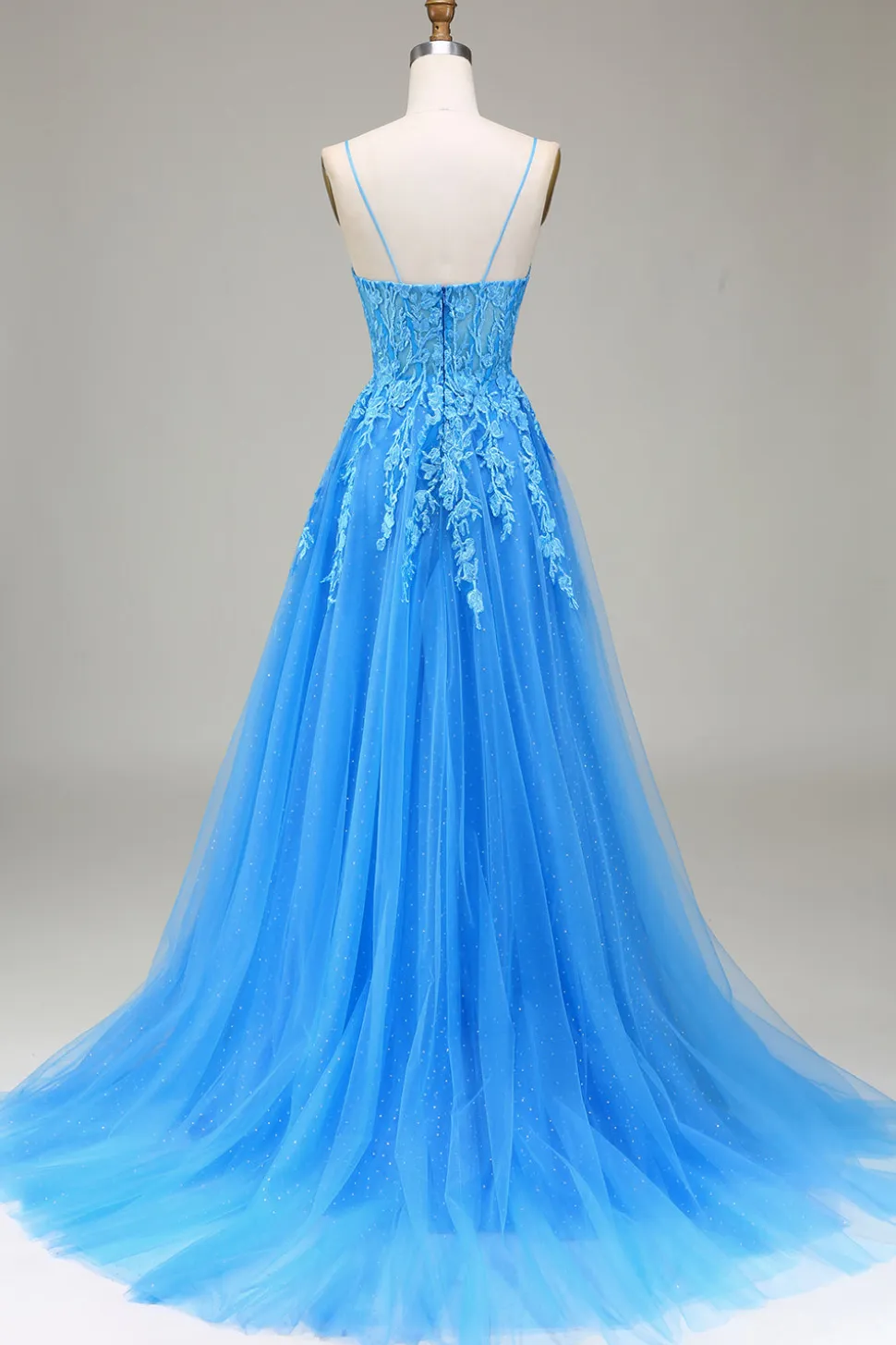 A-Line espaguete alças azul tule vestido de baile com apliques