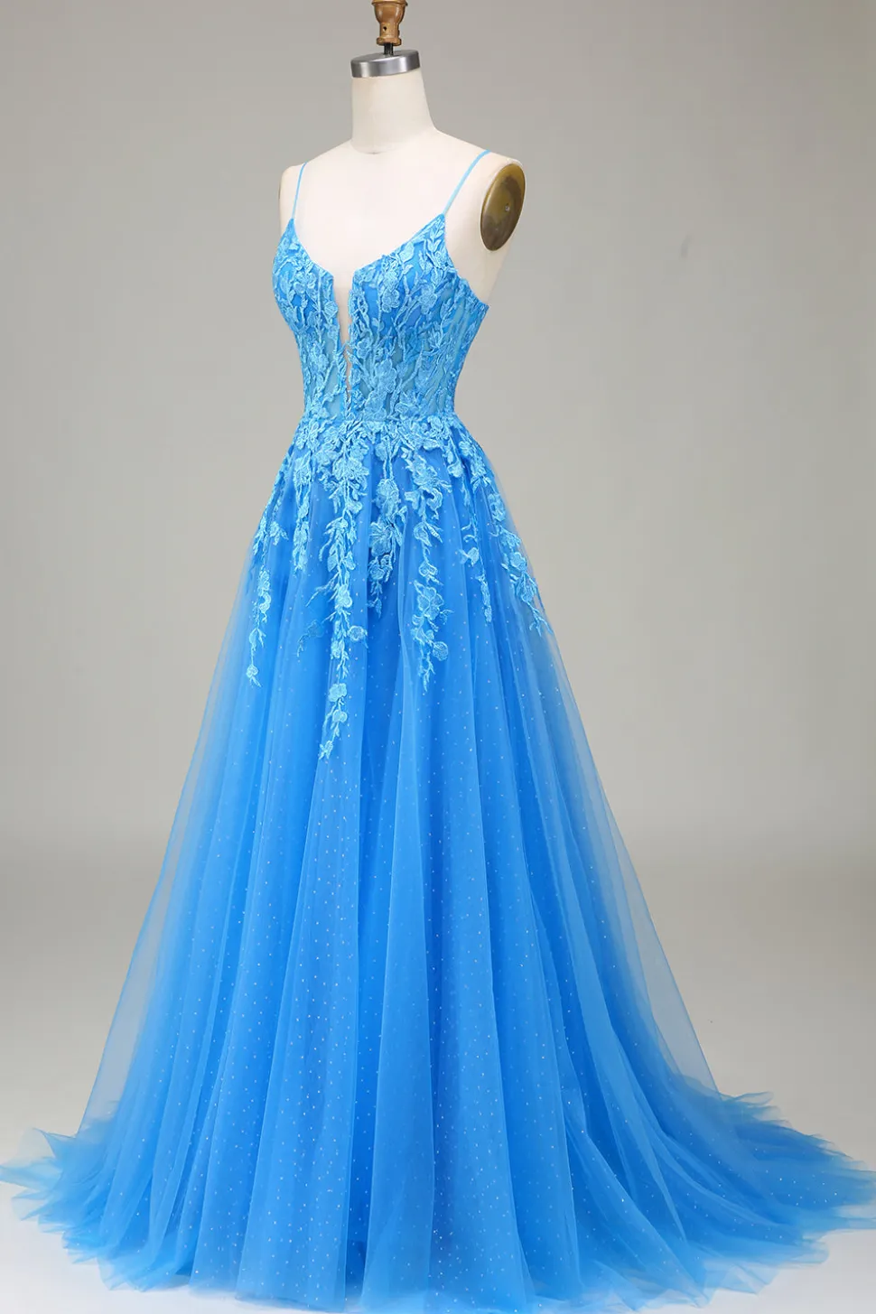 A-Line espaguete alças azul tule vestido de baile com apliques