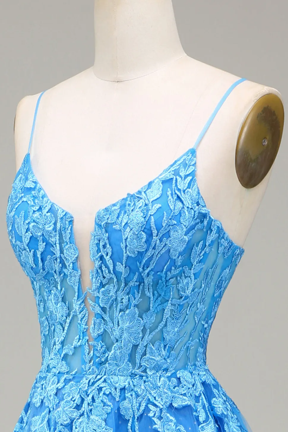 A-Line espaguete alças azul tule vestido de baile com apliques
