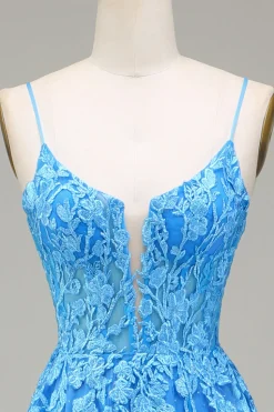 A-Line espaguete alças azul tule vestido de baile com apliques