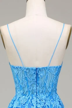 A-Line espaguete alças azul tule vestido de baile com apliques