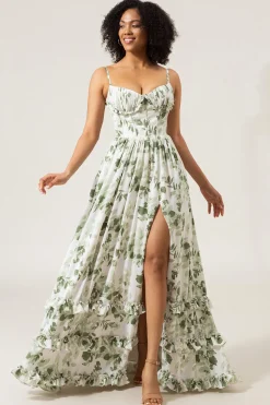 A-line espaguete alças verde estampado vestido longo baile com fenda