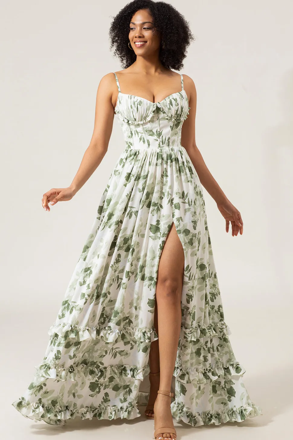 A-line espaguete alças verde estampado vestido longo baile com fenda