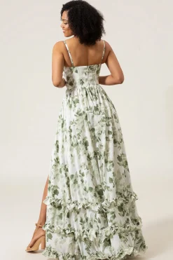 A-line espaguete alças verde estampado vestido longo baile com fenda