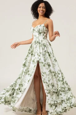 A-line espaguete alças verde estampado vestido longo baile com fenda