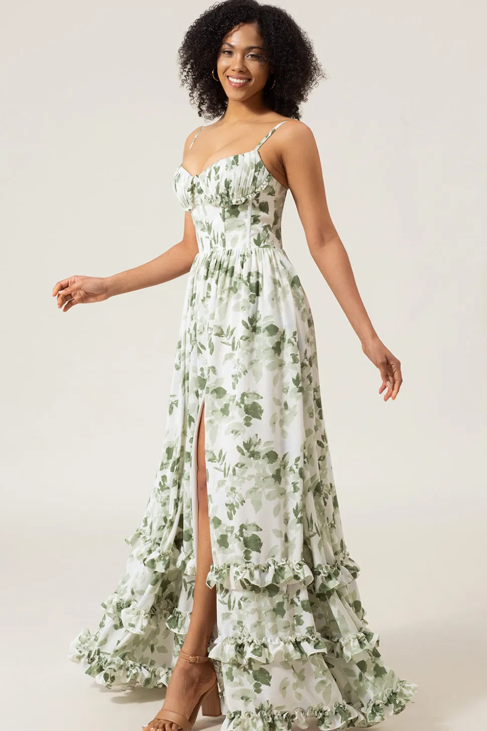 A-line espaguete alças verde estampado vestido longo baile com fenda