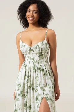 A-line espaguete alças verde estampado vestido longo baile com fenda