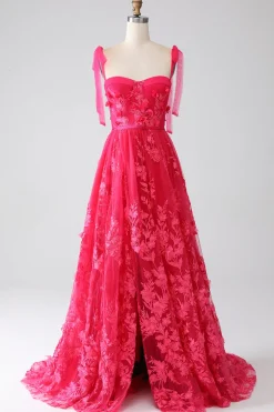 A-Line Esparguete Alças Fuchsia Vestido Longo de Baile com Fenda