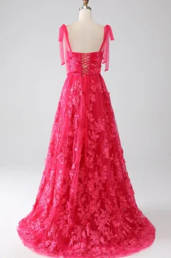 A-Line Esparguete Alças Fuchsia Vestido Longo de Baile com Fenda
