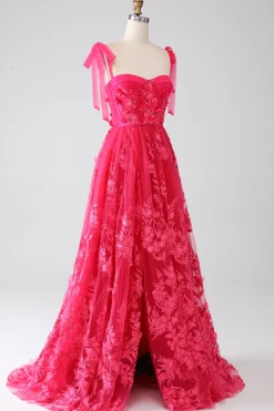 A-Line Esparguete Alças Fuchsia Vestido Longo de Baile com Fenda