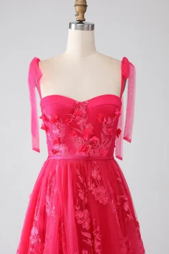 A-Line Esparguete Alças Fuchsia Vestido Longo de Baile com Fenda