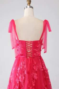 A-Line Esparguete Alças Fuchsia Vestido Longo de Baile com Fenda
