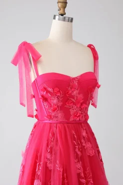 A-Line Esparguete Alças Fuchsia Vestido Longo de Baile com Fenda