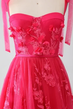 A-Line Esparguete Alças Fuchsia Vestido Longo de Baile com Fenda