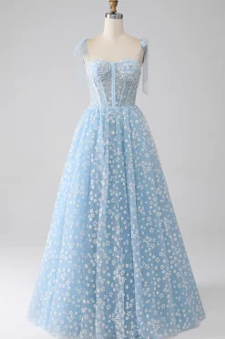 A-Line Esparguete Correias Sky Blue Corset Prom Dress