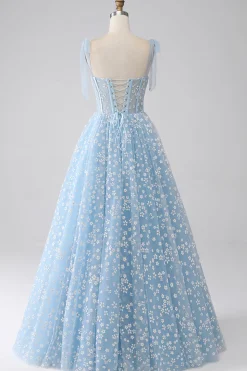 A-Line Esparguete Correias Sky Blue Corset Prom Dress