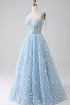 A-Line Esparguete Correias Sky Blue Corset Prom Dress