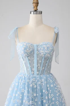 A-Line Esparguete Correias Sky Blue Corset Prom Dress