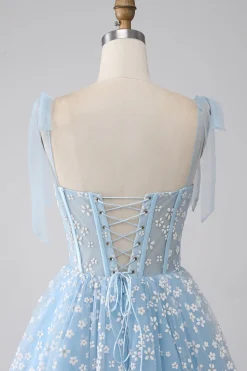 A-Line Esparguete Correias Sky Blue Corset Prom Dress