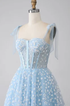 A-Line Esparguete Correias Sky Blue Corset Prom Dress