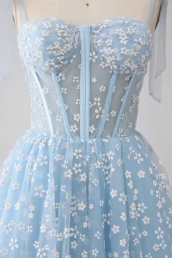 A-Line Esparguete Correias Sky Blue Corset Prom Dress