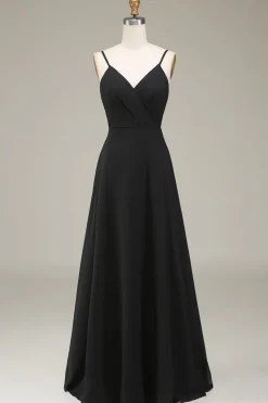 A-Line Esparguete Correias Preto Chiffon Longo Vestido de Dama de Honra