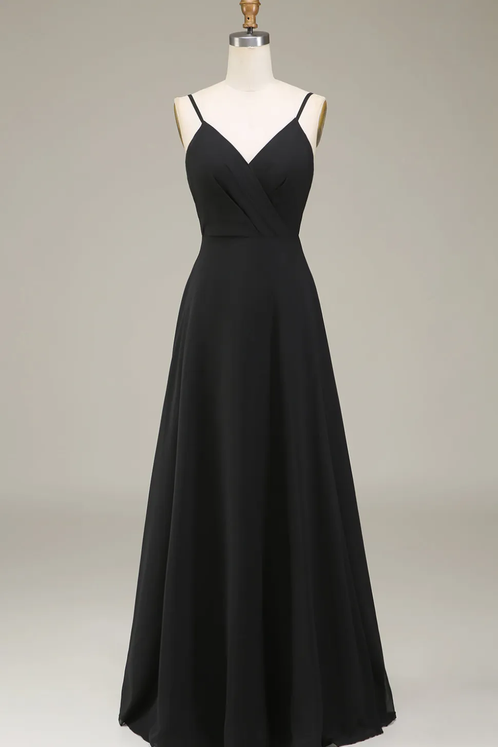 A-Line Esparguete Correias Preto Chiffon Longo Vestido de Dama de Honra