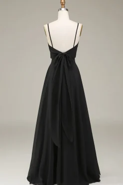 A-Line Esparguete Correias Preto Chiffon Longo Vestido de Dama de Honra