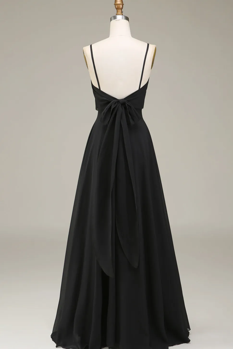 A-Line Esparguete Correias Preto Chiffon Longo Vestido de Dama de Honra