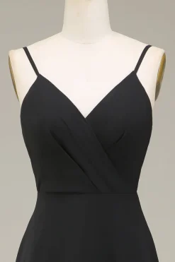 A-Line Esparguete Correias Preto Chiffon Longo Vestido de Dama de Honra