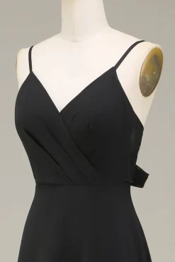 A-Line Esparguete Correias Preto Chiffon Longo Vestido de Dama de Honra