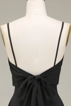 A-Line Esparguete Correias Preto Chiffon Longo Vestido de Dama de Honra