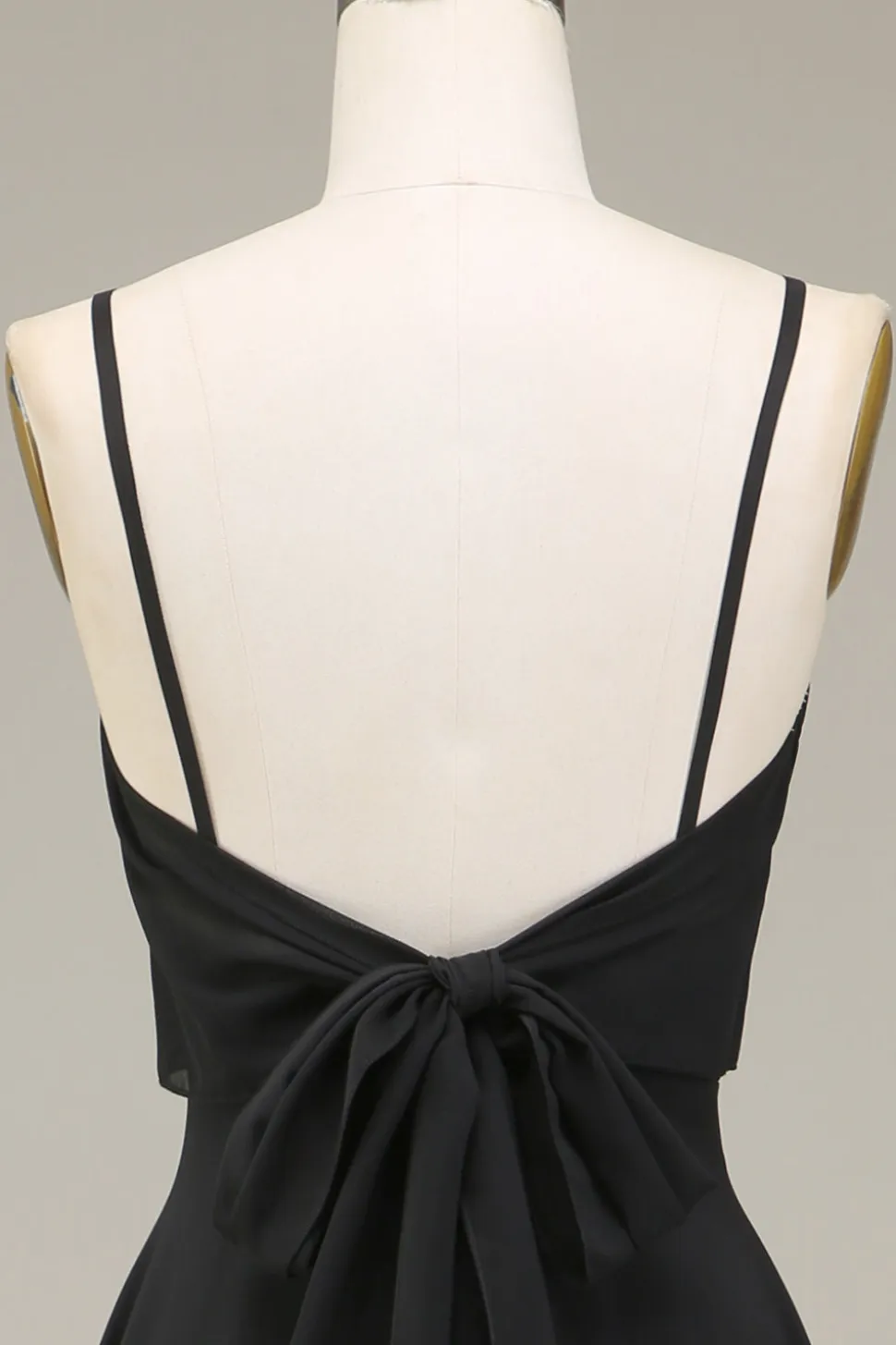 A-Line Esparguete Correias Preto Chiffon Longo Vestido de Dama de Honra